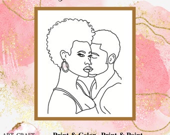 Couple Smooches Pre-Drawn Canvas Template, Paint Party DIY (PNG Digital Download)