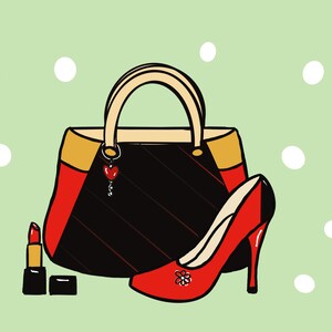 Puede incluir: Ilustraci&oacute;n de un bolso negro con detalles rojos, un zapato de tac&oacute;n rojo y un labial rojo. El bolso tiene un charm en forma de coraz&oacute;n. El fondo es verde claro con lunares blancos.