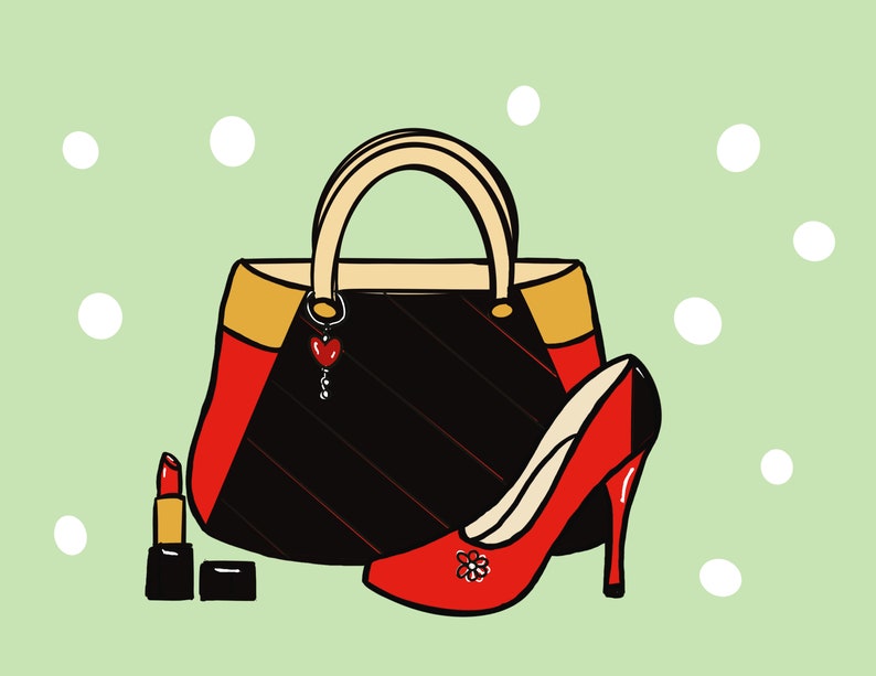 Puede incluir: Ilustraci&oacute;n de un bolso negro con detalles rojos, un zapato de tac&oacute;n rojo y un labial rojo. El bolso tiene un charm en forma de coraz&oacute;n. El fondo es verde claro con lunares blancos.