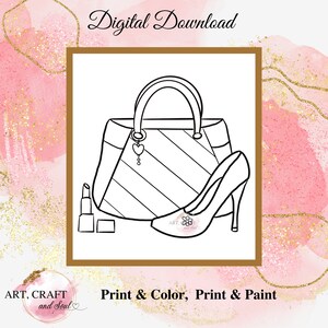 Puede incluir: Dibujo lineal en blanco y negro de un bolso, un tac&oacute;n alto y un l&aacute;piz labial, con el texto "Digital Download" en la parte superior. Las palabras "Print & Color, Print & Paint" est&aacute;n en la parte inferior. La imagen est&aacute; enmarcada en un borde marr&oacute;n.