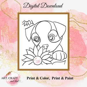 DIY Paint Party, Sip And Paint, Adult Paint Party, Paint And Sip Party, Pre-Drawn Canvas, Paint Party Template, “Pup And Sunflowers”