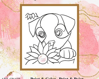 Dog with Sunflower Pre-Drawn Canvas Template (Digital Download)