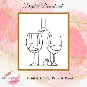 DIY Paint Party, Sip And Paint, Paint And Sip Party, Pre-Drawn Canvas, Paint Party Template, “Wine Glasses Bottle and Cherries”