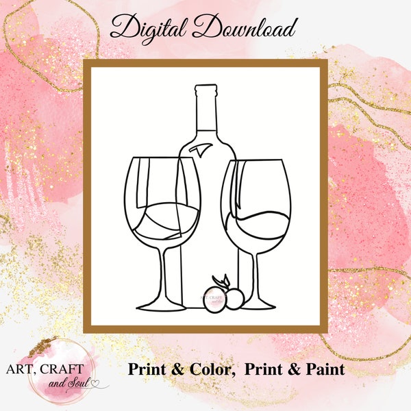 DIY Paint Party, Sip And Paint, Paint And Sip Party, Pre-Drawn Canvas, Paint Party Template, “Wine Glasses Bottle and Cherries”