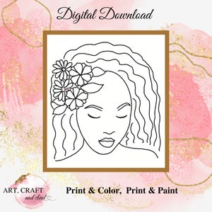 DIY Paint Party, Sip And Paint, Adult Paint Party, Paint And Sip Party, Pre-Drawn Canvas, Paint Party Template, “Flowers In Hair”