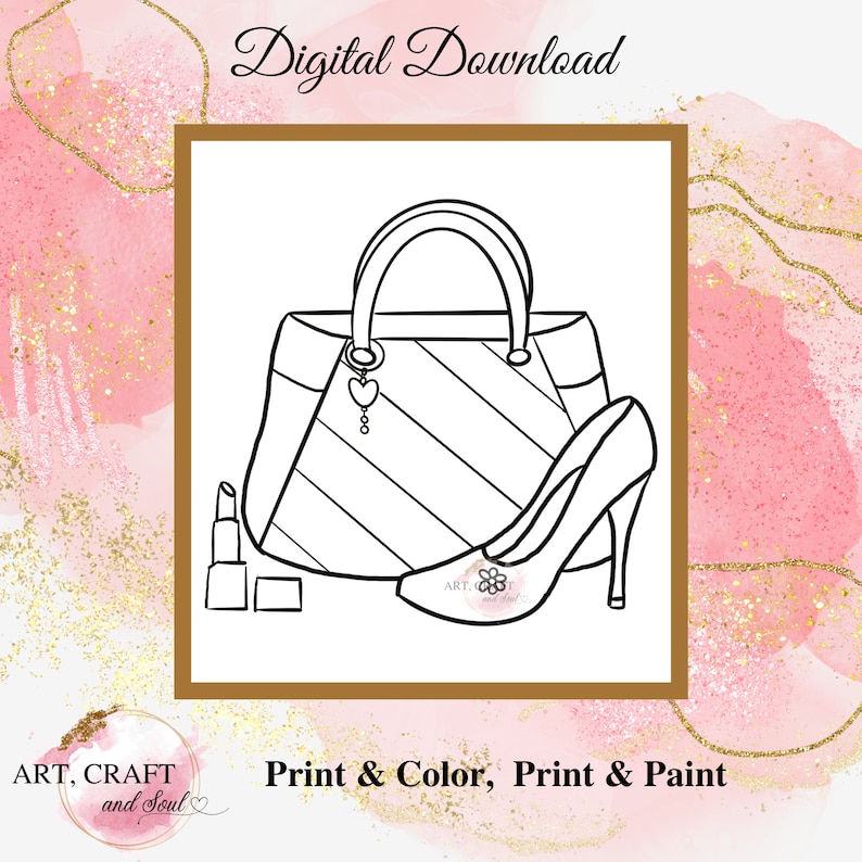 Puede incluir: Dibujo lineal en blanco y negro de un bolso, un tac&oacute;n alto y un l&aacute;piz labial, con el texto "Digital Download" en la parte superior. Las palabras "Print & Color, Print & Paint" est&aacute;n en la parte inferior. La imagen est&aacute; enmarcada en un borde marr&oacute;n.