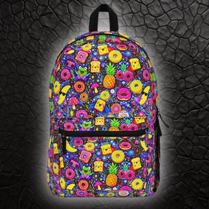 Unique Art backpack, Colorful Fruit & Snack Backpack for Kids, Fun School Bag, Vibrant Bookbag, Perfect for Back to School, Quirky Backpack