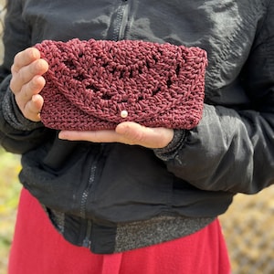 crochet wallet  boho coin purse  handbag luxurious handmade red glitter pouch gift woman knitted hippie  practical elegant metal clasp