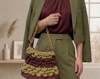 Crochet Crocodile Stitch Bag/Handmade Red-Gold Zipper Tote/Knitted Bag With Gold Chain