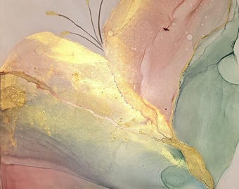 Original Lily Painting: Pink & Green Floral Ink Art