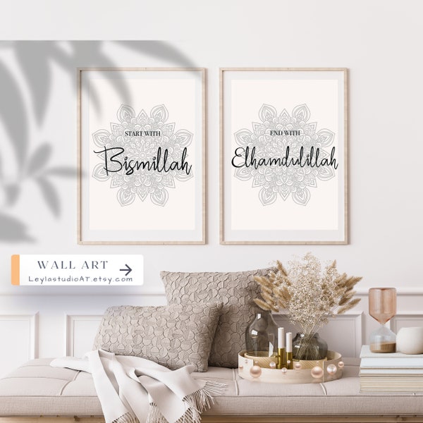 Start with Bismillah End with Alhamdulillah Wall Art Set of 2, Islamische Moderne Wandkunst Druck, Muslimisches Kinderzimmer Druckbar