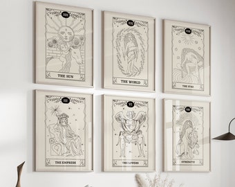 Tarot Wall Art Set of 6 ~ Tarot Card Print Set ~ Digital Download ~ Celestial Wall Art ~ Tarot Poster~ Printable Set Of 6~ Mystical Wall Art