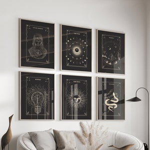 Wall Art Set van 6 ~ Zwarte Tarot Card Print Set ~ Digitale Download ~ Zwarte Muur Decor ~ Tarot Poster ~ Afdrukbare set van 6 ~ Wall Art Prints