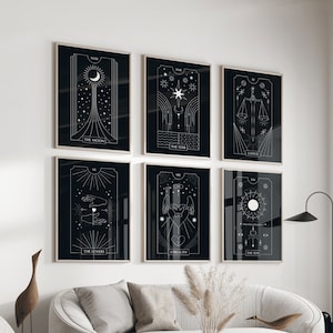 Conjunto de arte de pared de 6 ~ Conjunto de impresión de cartas de tarot negro ~ Descarga digital ~ Impresión mística ~ Decoración de pared negra ~ Cartel de tarot ~ Conjunto imprimible de 6