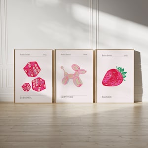 Conjunto de 3 impresiones de arte de pared de galería ~ Conjunto holográfico de moda ~ Póster retro abstracto de perro y globo ~ Estética de los años 70 ~ Impresión vintage de dados de euforia