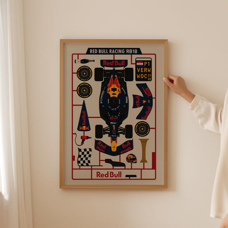 May include: Framed print featuring a schematic of a Red Bull Racing RB18 Formula 1 car. The print includes the Red Bull logo, car components, and text. The frame is a light brown color.