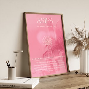 Peut inclure: Affiche imprimable rose et blanche avec le signe du zodiaque Bélier. L'affiche présente le symbole astrologique du Bélier, une tête de bélier, et le texte "BÉLIER 21 MARS - 19 AVRIL CONFIANT - PASSIONNÉ - COURAGEUX".