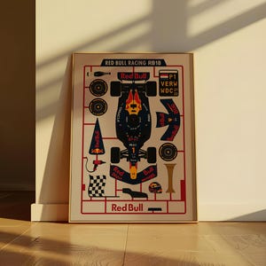 May include: Framed poster featuring a schematic of a Red Bull Racing RB18 Formula 1 car. The design includes car components, text, and the Red Bull logo. The poster is in a gold frame and leans against a wall.