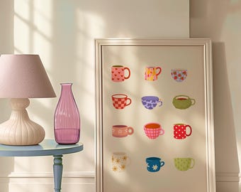 Colorful Tea Cup Art Print: Trendy Kitchen Wall Decor (Digital Download)