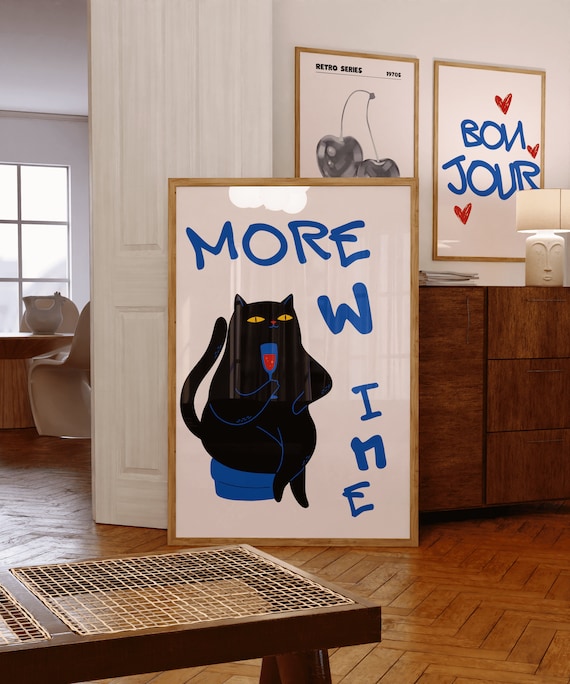 Funny Cat Wine Print: More Wine Please, Kitchen Wall Art (Digital Download)