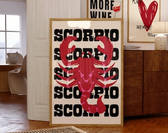 Pode incluir: Um cartaz branco com uma ilustração de escorpião vermelho e a palavra "SCORPIO" repetida em texto preto.