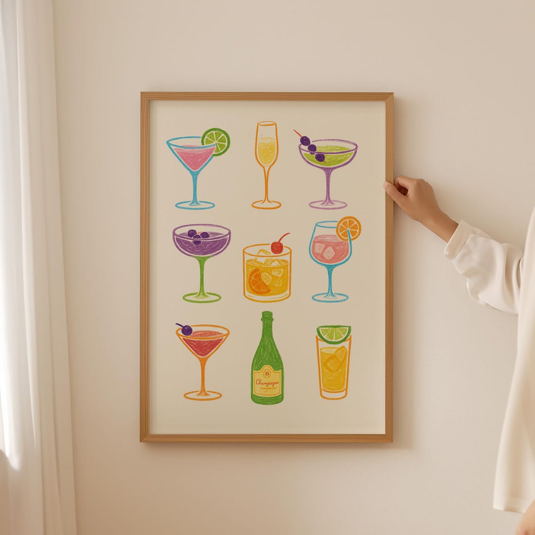 printable kitchen prints wall art, set of 6, hand... Cocktail Print, Bar Cart Kitchen Decor, Digital Download - Etsy
