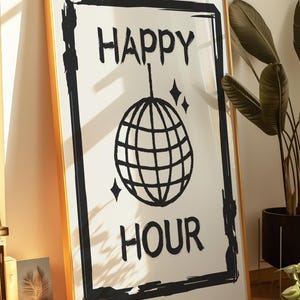 Happy Hour-poster ~ discobalprint ~ barwagenkunst ~ esthetische trendy wanddecoratie ~ digitale download ~ kunst aan de muur cadeau ~ handgetekende poster