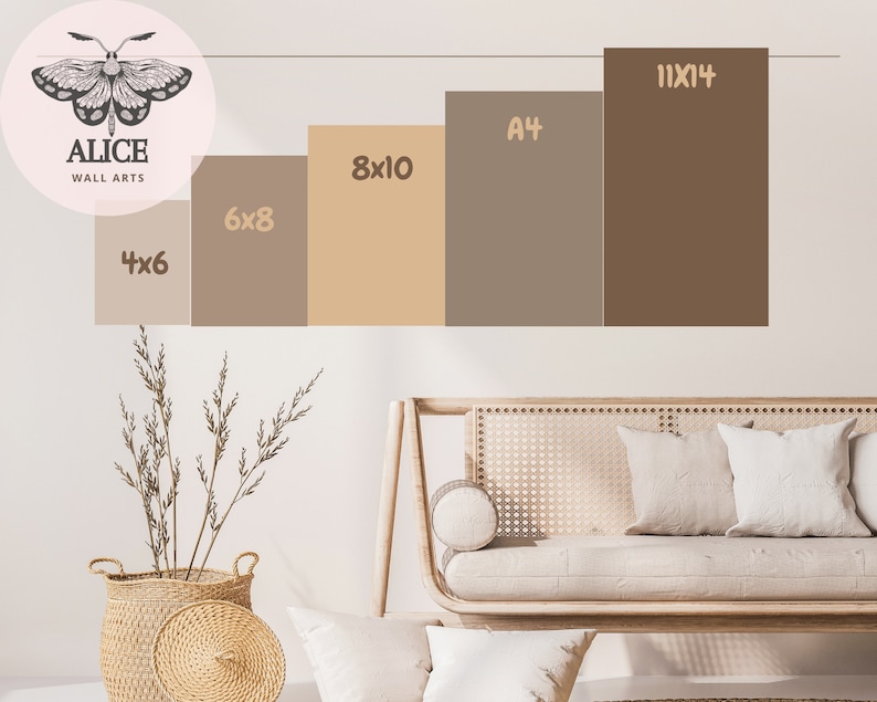 May include: A white wall with a brown, beige, and gray color palette.  The wall displays different sizes of prints, including 4x6, 6x8, 8x10, A4, and 11x14.  The prints are arranged in a staggered pattern, with the largest print at the top and the smallest print at the bottom.  The prints are all framed in a simple, black frame.