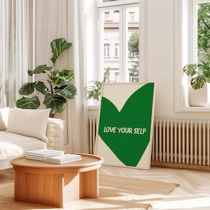 Arte de pared de amor propio ~ Póster retro imprimible ~ Impresión con frase "Ámate a ti mismo" ~ Decoración motivacional para la salud mental ~ Regalo artístico de autocuidado positivo
