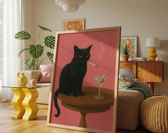 Moody Black Cat Wall Art, Humor Vintage Poster
