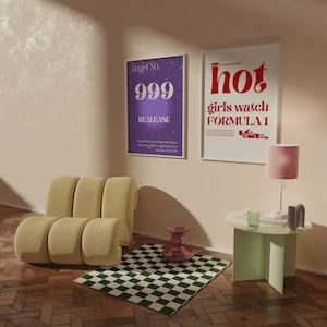 May include: A living room interior with a yellow sofa, a green and white chequered rug, a pink lamp, a green side table, a red and purple stool, and two framed posters. The posters have the text "Angel No. 999 Realease" and "Hot girls watch Formula 1".