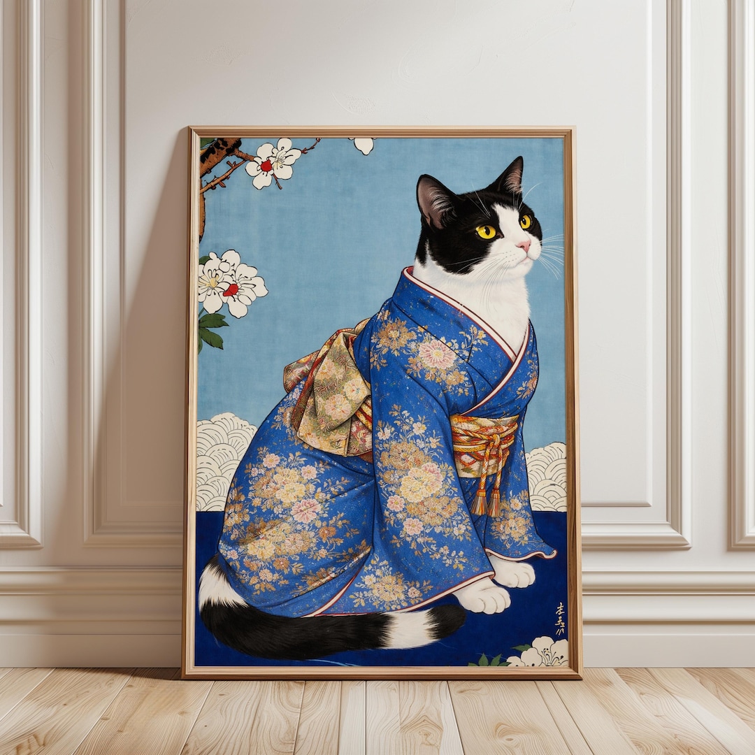Japanese Kimono Cat Art Print, Elegant Tuxedo Cat Wall Decor - Etsy