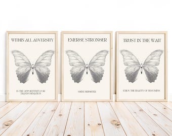Minimalist Butterfly Wall Art Set, Neutral Inspirational Quote Prints (Digital Download)