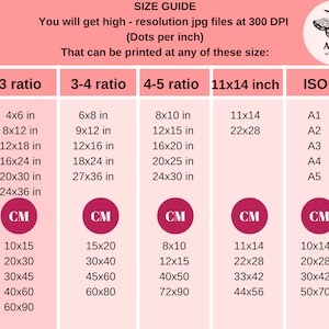 May include: A chart showing different sizes for printing high-resolution images. The chart is divided into five columns: 2-3 ratio, 3-4 ratio, 4-5 ratio, 11x14 inch, and ISO. Each column lists different sizes in inches and centimeters. The chart also includes a logo for Alice Wall Arts.