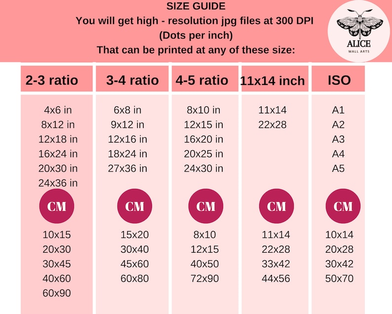 May include: A chart showing different sizes for printing high-resolution images. The chart is divided into five columns: 2-3 ratio, 3-4 ratio, 4-5 ratio, 11x14 inch, and ISO. Each column lists different sizes in inches and centimeters. The chart also includes a logo for Alice Wall Arts.