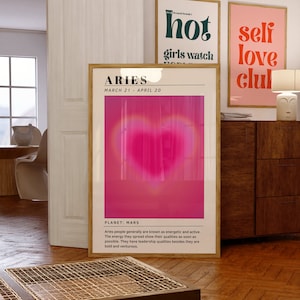 Impresión Aries ~ Cartel del Zodíaco ~ Impresión de descarga digital ~ Arte de pared de moda ~ Impresión de signo de estrella ~ Decoración de pared preppy ~ Impresión rosa ~ Arte imprimible