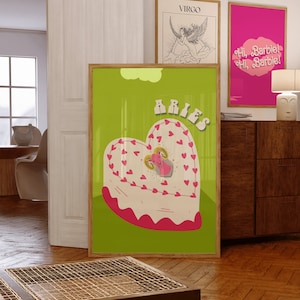 May include: A green poster with a pink heart-shaped cake with a ram inside. The cake is decorated with pink hearts. The word "Aries" is written in a retro font at the top of the poster.