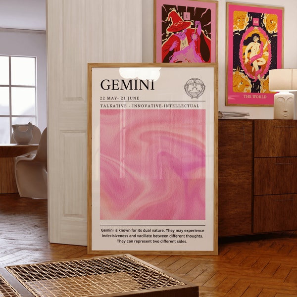 Gemini Zodiac Wall Print ~ Gemini Gifts ~ Aura Poster ~ Star Sign Instant Download Print ~ Pink Digital Astrology ~ Gemini Wall Print