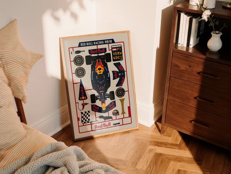 May include: A framed print featuring a schematic of a Red Bull Racing RB18 Formula 1 car. The print includes the Red Bull logo and various car components in a grid-like layout. The color scheme is primarily navy, red, and yellow.