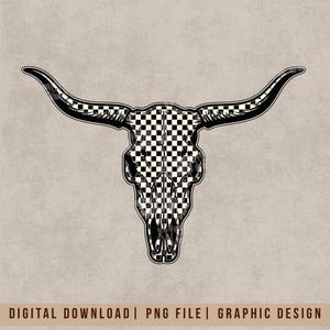 May include: A black and white graphic of a bull skull with long horns. The skull and horns are outlined in black, with a checkered pattern filling the skull and horn interiors. The image is a digital download.