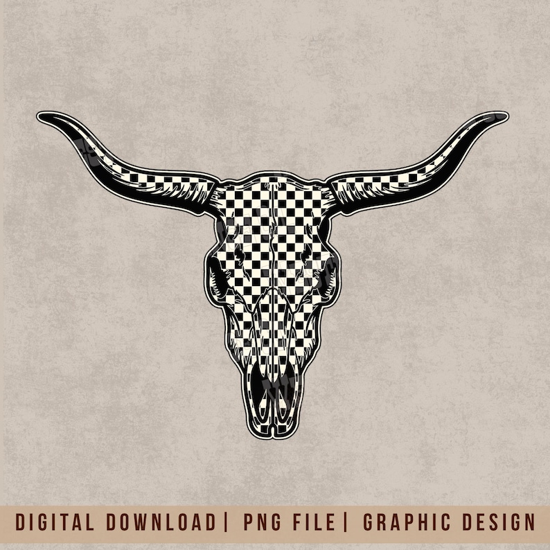 May include: A black and white graphic of a bull skull with long horns. The skull and horns are outlined in black, with a checkered pattern filling the skull and horn interiors. The image is a digital download.