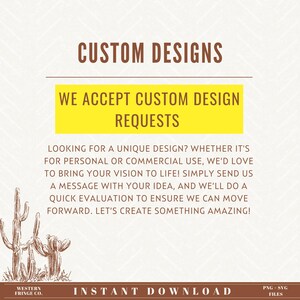 Pu&ograve; includere: Uno striscione giallo con il testo "CUSTOM DESIGNS" e "WE ACCEPT CUSTOM DESIGN REQUESTS". Sotto lo striscione c'&egrave; una descrizione di testo sulle richieste di progettazione personalizzata. Il testo &egrave; su uno sfondo marrone con un motivo di piccoli quadrati. L'immagine include anche un disegno di due cactus.