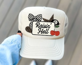 Western Trucker Hat Designs, Raisin Hell Cowboy Hat, Patch Style Hat Designs Png, Rodeo Cowboy Trucker Png, Western Digital Files