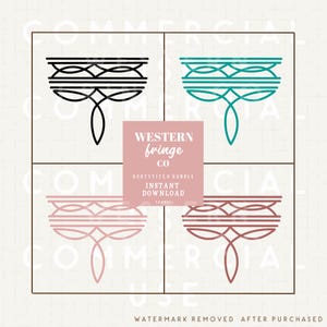 Può includere: Quattro varianti di un design decorativo sono mostrate, ciascuna all'interno di un quadrato. I disegni presentano una forma simmetrica con linee orizzontali e un elemento centrale allungato a forma di goccia. Il testo "WESTERN fringe CO" è visibile, insieme a "BOOTSTITCH BUNDLE" e "INSTANT DOWNLOAD".