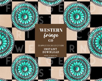 Cowboy Seamless Pattern Design, Checkered Board Pattern Design, Trendy Western Seamless Design, Turquoise Cowboy Png, Digital Download