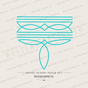May include: A turquoise line art graphic featuring a symmetrical geometric design with horizontal bars and overlapping petal shapes. The text reads ORIGINAL ARTWORK PREVIEW ONLY WESTERN FRINGE CO. against a light background.