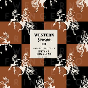 May include: A seamless pattern featuring cowboys riding horses in a repeating design. The pattern includes black, brown, and cream-colored elements. The text "WESTERN fringe co" is displayed in a square in the center of the image.