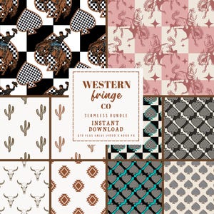 May include: A seamless bundle featuring Western-themed patterns. Designs include cowboys on horses, cactus, steer skulls, and geometric shapes. The color palette includes black, white, brown, and turquoise. The text reads "WESTERN fringe CO SEAMLESS BUNDLE INSTANT DOWNLOAD".