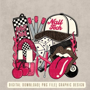 May include: A graphic design featuring a checkered energy drink can, three nail swatches, a baseball cap with the text Nail Tech, dice, nail clippers, a bottle of nail polish with cherries, and lips with a leopard print and a tongue out.