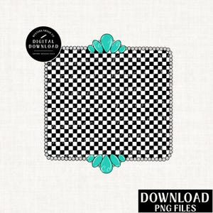 Western Frame Png, Turquoise Gem Square Frame, Retro Checkered Print Frame, Trendy Western Designs Png, Retro Graphic Png Designs
